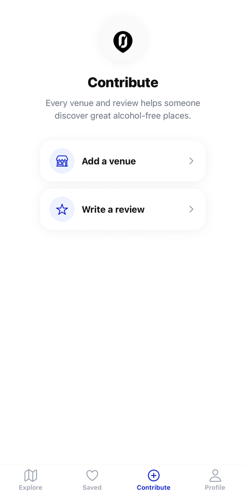 The Sober Points Contribute screen, with options to add a venue or write a review.