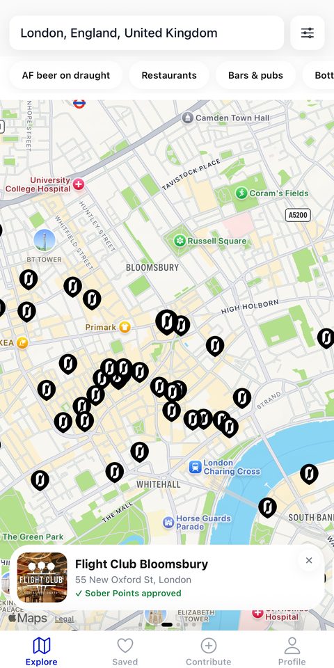 The Sober Points app's Explore map, showing sober-friendly venue pins across central London with category filters above the map.