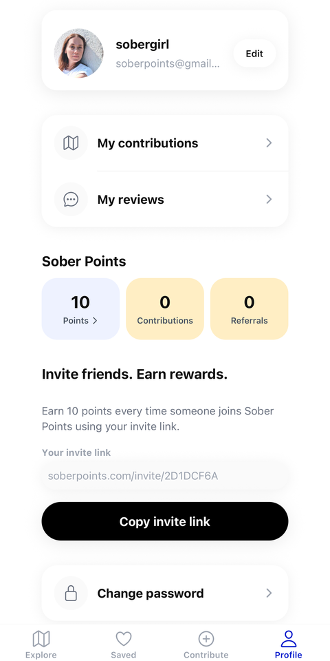 The Sober Points Profile screen, showing the user's points, contributions, referrals and an invite-a-friend link.