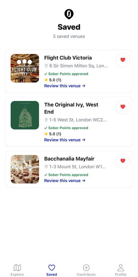 The Sober Points Saved tab, showing three saved venues with ratings and a review prompt for each.