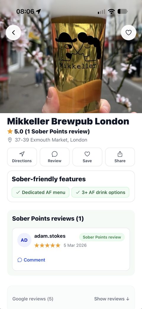 A Sober Points venue detail page for Mikkeller Brewpub London, showing its sober-friendly features, Sober Points reviews and Google reviews.