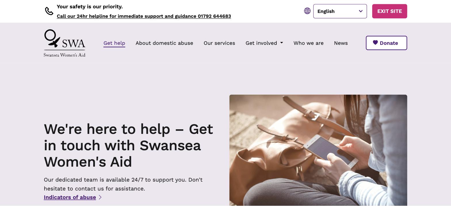 The Swansea Women's Aid Get help page, showing a persistent exit-site bar with a tap-to-call helpline number, and two clear buttons: Call 999 and Call our 24-hour helpline.